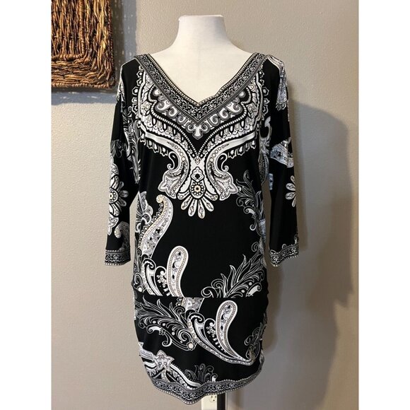 WHBM Mini Dress M Medium Tunic Top Black White Paisley Washable - Picture 6 of 6
